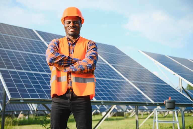 Competent energy engineer in grey overalls and orange helmet checking solar panels while walking on field. African american man carrying clipboard and container with instruments.