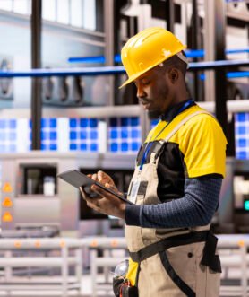 Male engineer analyzing industry 4.0 system performance in smart manufacturing plant. Black man monitoring machinery and robotic arms, ensuring optimal production and industrial automation efficiency.